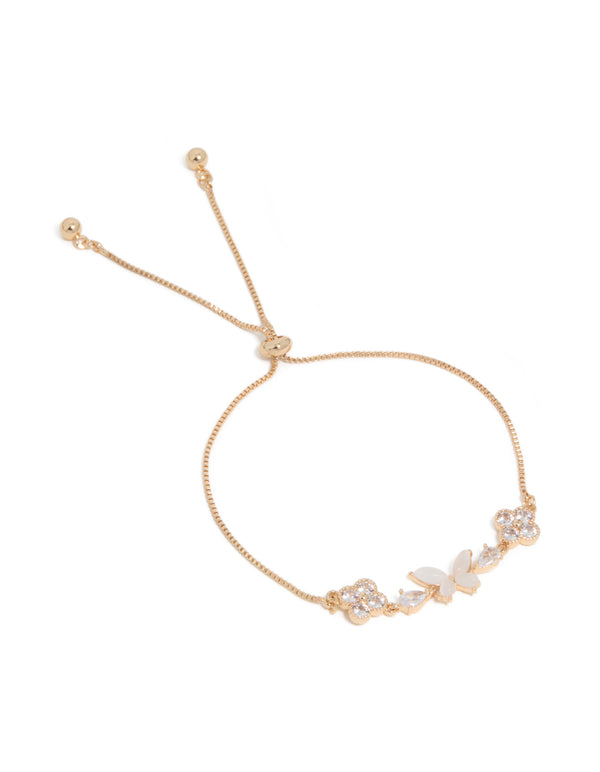 Gold Cubic Zirconia Butterfly & Flower Toggle Bracelet