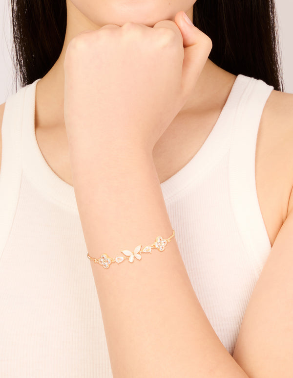 Gold Cubic Zirconia Butterfly & Flower Toggle Bracelet