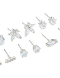 Silver Cubic Zirconia Heart & Flower Stud Earrings 6-Pack - link has visual effect only