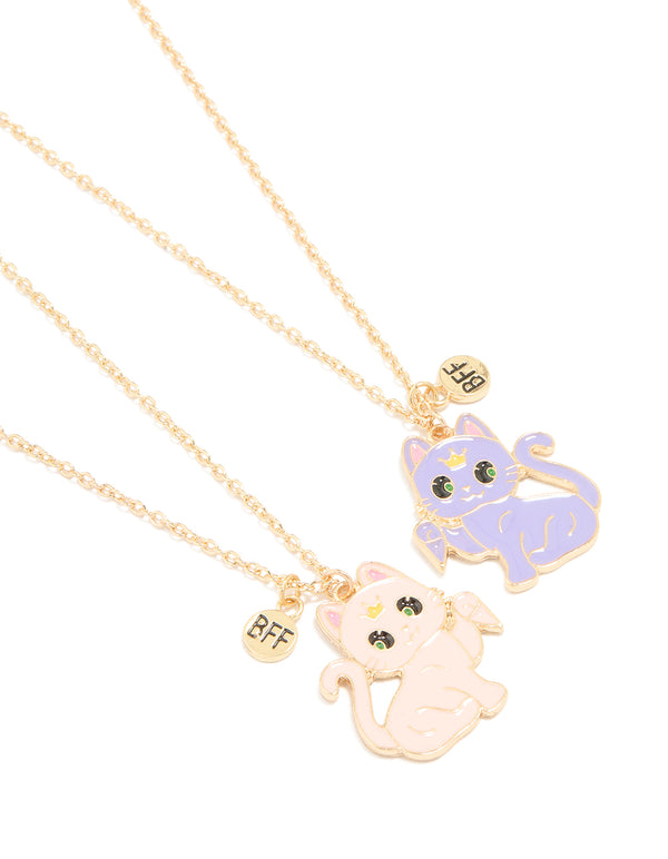 Kids Gold Paw Heart Cat BFF Pendant Necklaces 2-Pack