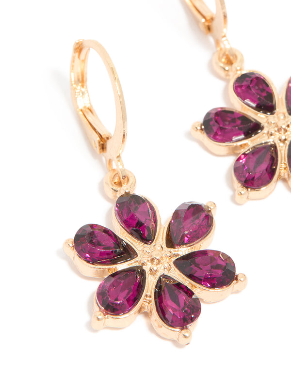 Gold Red Diamante Flower Hoop Earrings