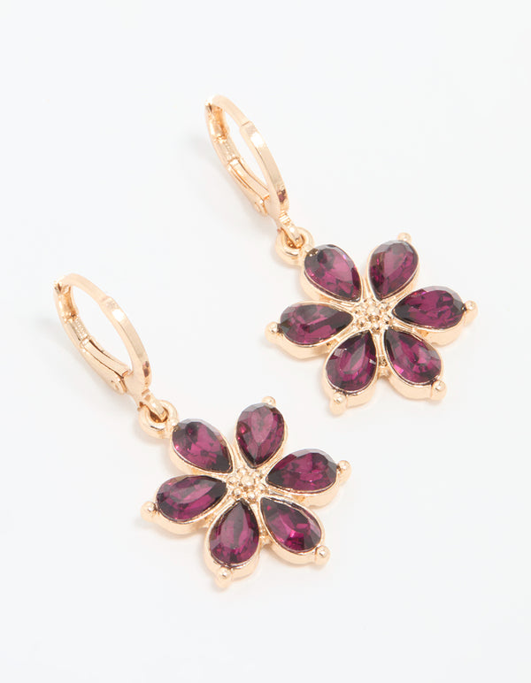 Gold Red Diamante Flower Hoop Earrings