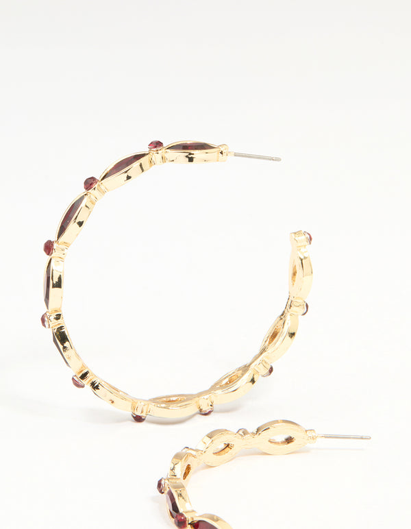 Gold Red Stone Marquise Hoop Earrings