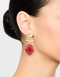 Gold Red Stone Molten Triangular Round Drop Earrings - link has visual effect only