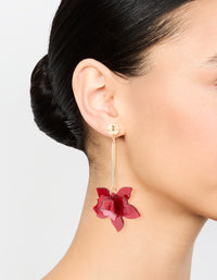 Gold Red Acrylic Orchid & Chain Drop Earrings - link has visual effect only