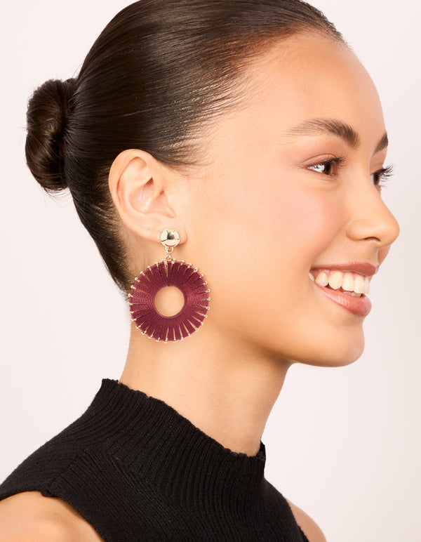 Gold Red Threaded Wheel Drop Earrings