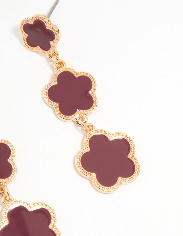 Gold Red Flower Drop Earrings