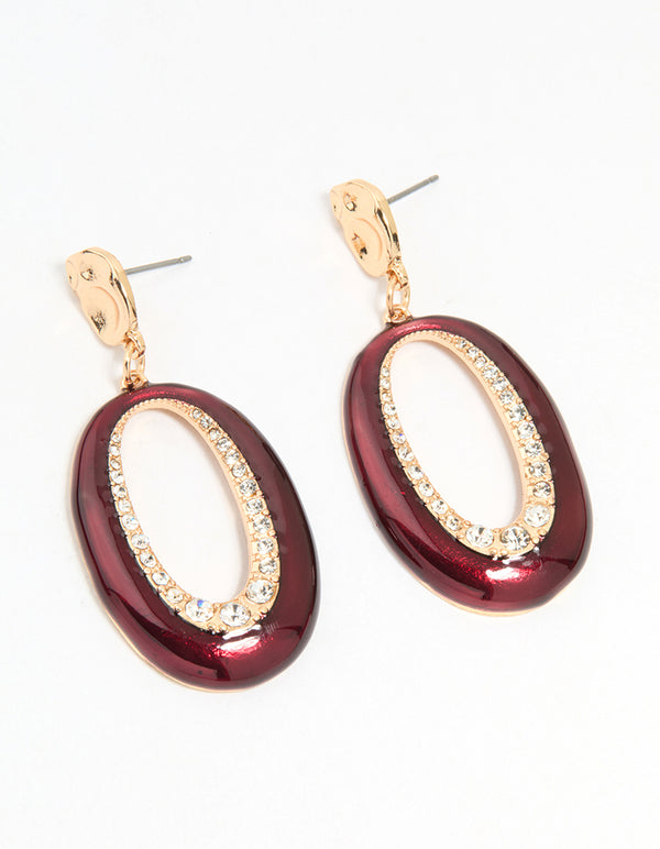 Gold Red Enamel & Diamante Open Drop Earrings