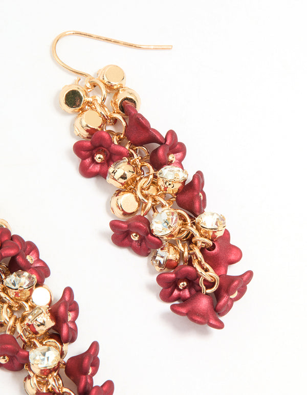Gold Red Flowers Chain Drop Earrings
