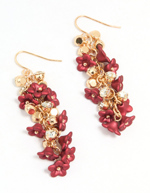Gold Red Flowers Chain Drop Earrings