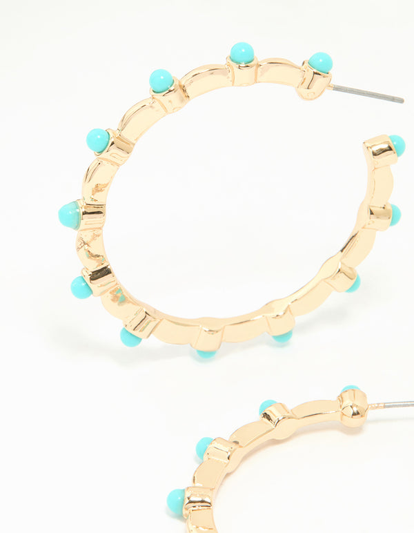 Gold Turquoise Ball Hoop Earrings