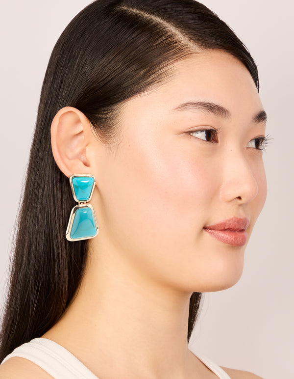 Gold Blue Stone Statement Drop Earrings