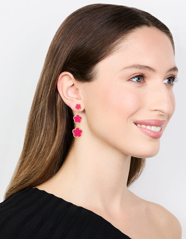 Gold Pink Triple Flower Drop Earrings