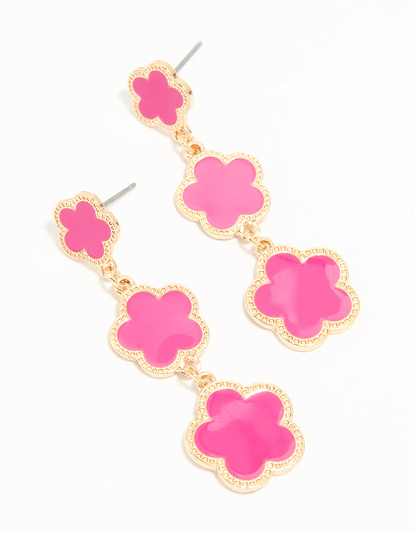 Gold Pink Triple Flower Drop Earrings