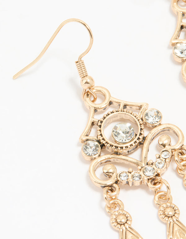 Antique Gold Diamante Hook Earrings