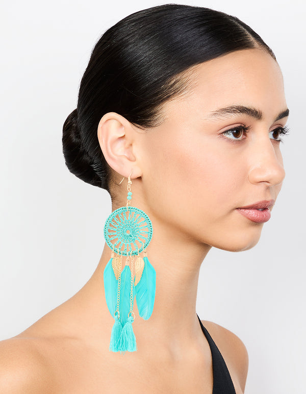 Blue Feather Dreamcatcher Drop Earrings
