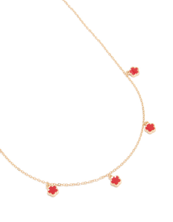 Gold Red Flower Petal Station Necklace
