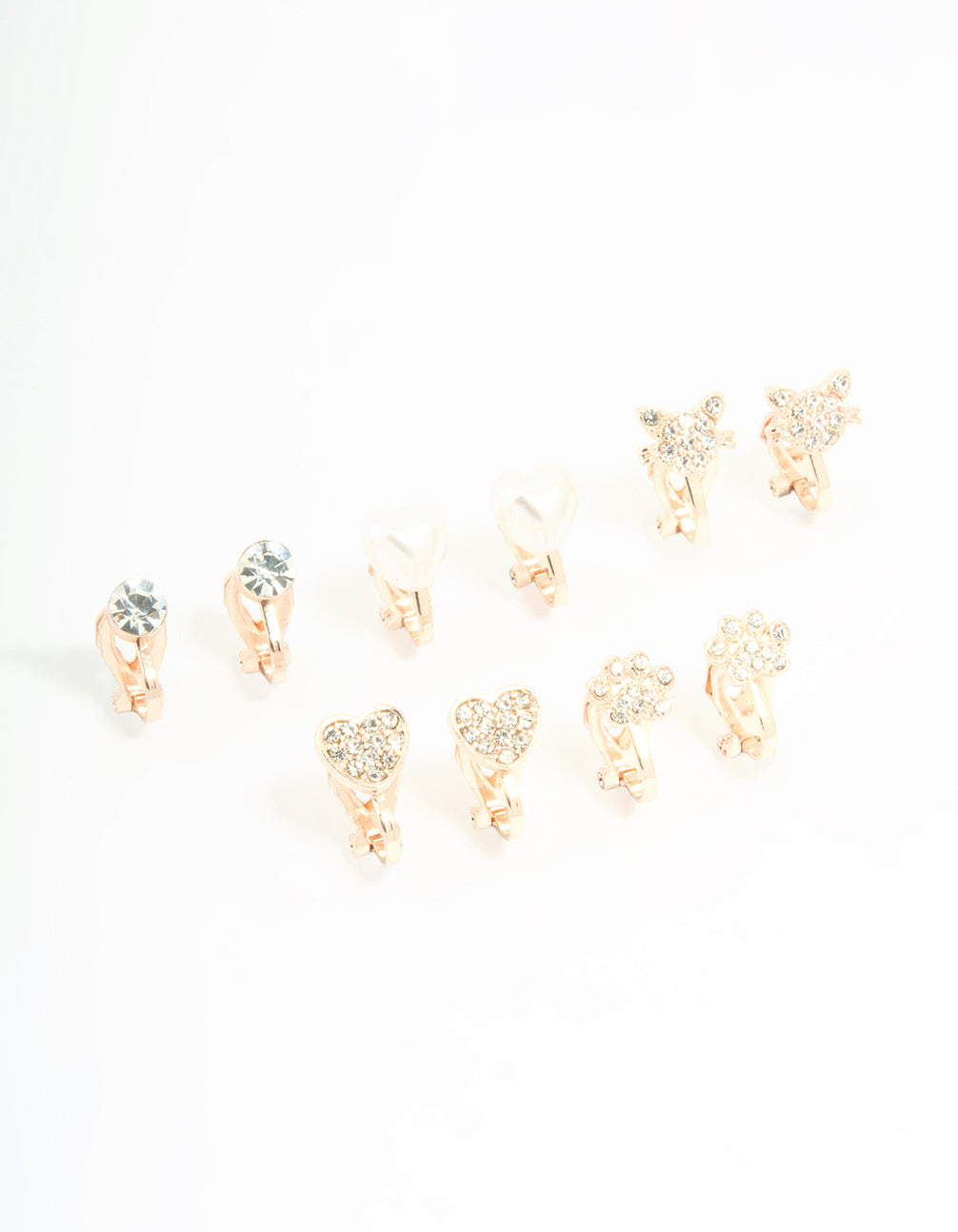 Kids Rose Gold Diamante Heart & Flower Clip On Earrings 5-Pack