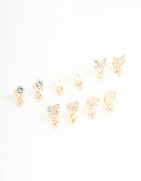 Kids Rose Gold Diamante Heart & Flower Clip On Earrings 5-Pack - link has visual effect only