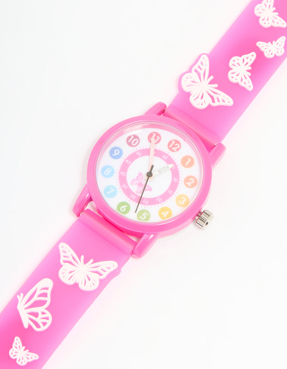 Charming kids pink butterfly watch with numerals, white dial, round shape, women's casual analog design, silicone strap watch face detail view