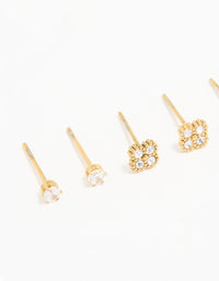 Waterproof Gold Plated Stainless Steel Cubic Zirconia Flower & Classic Stud Earrings 4-Pack - link has visual effect only