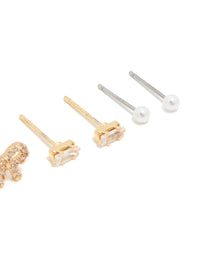 Waterproof Gold Plated Stainless Steel Cubic Zirconia & Pearl Stud Earrings 4-Pack - link has visual effect only