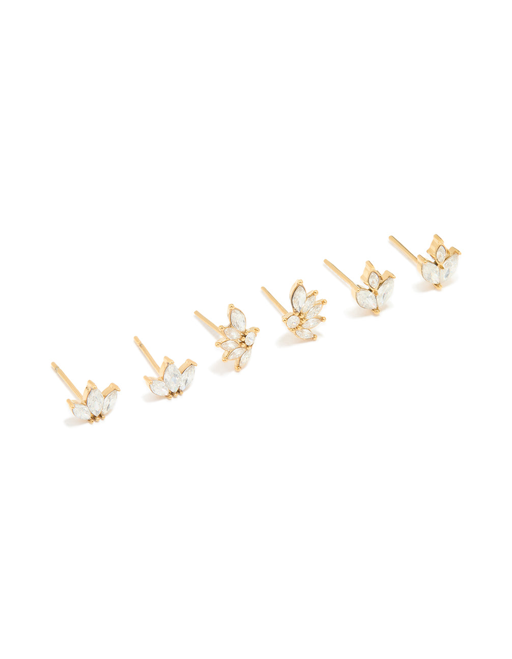 Showcase waterproof gold plated stainless steel cubic zirconia stacker earrings in a 3-pack featuring floral design with stud closure front view