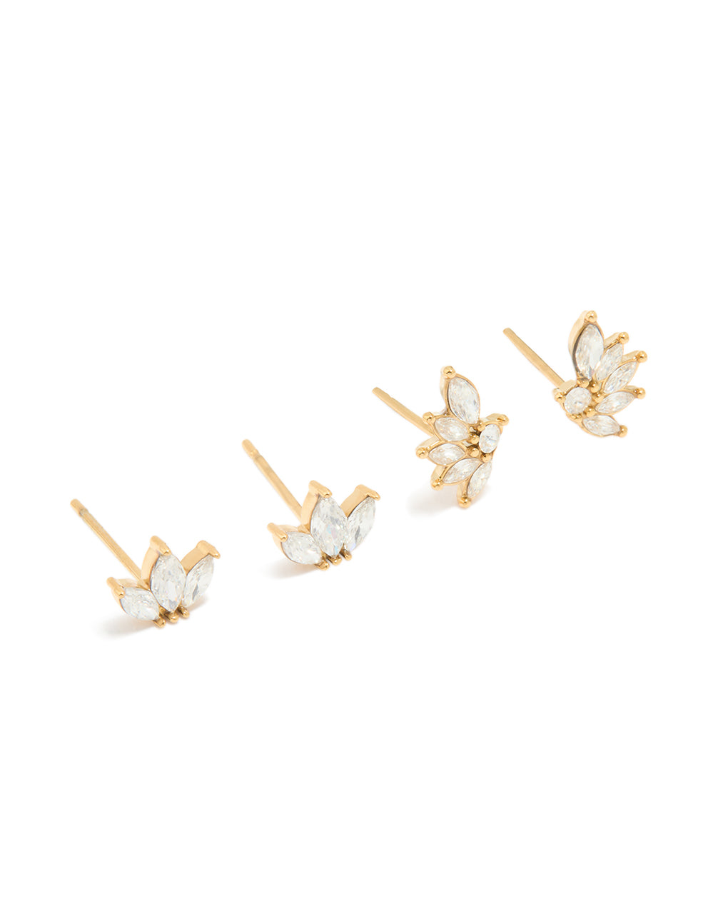 Discover waterproof gold plated stainless steel cubic zirconia stacker earrings in a 3-pack with floral design and stud closure close up view