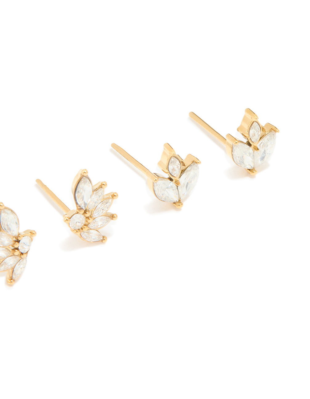 Explore waterproof gold plated stainless steel cubic zirconia stacker earrings in a 3-pack featuring floral design with stud closure post detail view