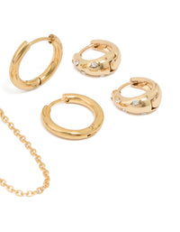 Waterproof Gold Plated Stainless Steel Cubic Zirconia & Sleek Huggie Earrings 3-Pack - link has visual effect only