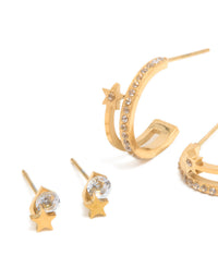 Waterproof Gold Plated Stainless Steel Cubic Zirconia Celestial Stud Earrings 3-Pack - link has visual effect only