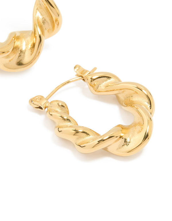 Waterproof Gold Plated Stainless Steel Smooth Large Twisted Hoop Earrings