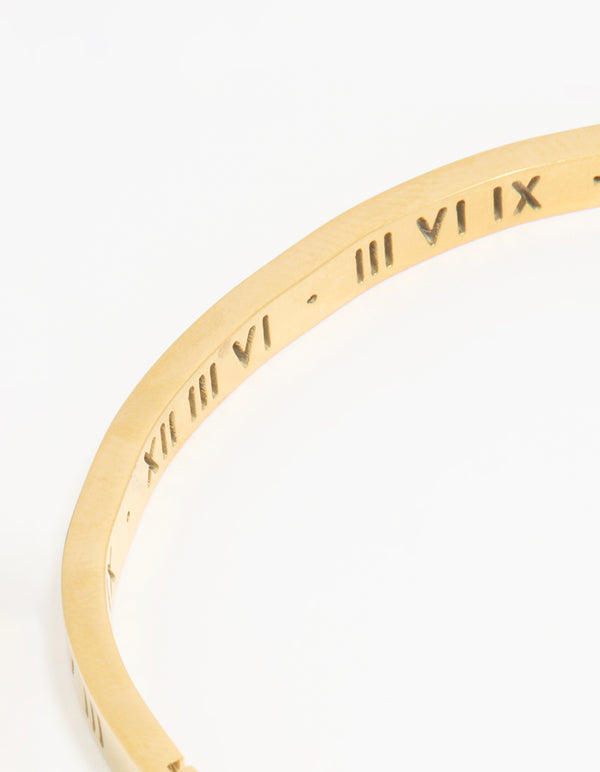 Waterproof Gold Plated Stainless Steel Diamante Roman Numeral Hinge Bangle