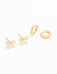 Gold Plated Cubic Zirconia Bow Studs & Hoop Earrings Pack - link has visual effect only