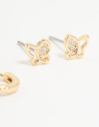 Gold Plated Cubic Zirconia Butterfly Huggie & Stud Earrings 2-Pack - link has visual effect only