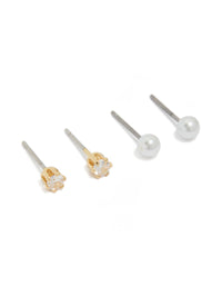 Gold Plated Cubic Zirconia & Pearl Stud Earrings 2-Pack - link has visual effect only