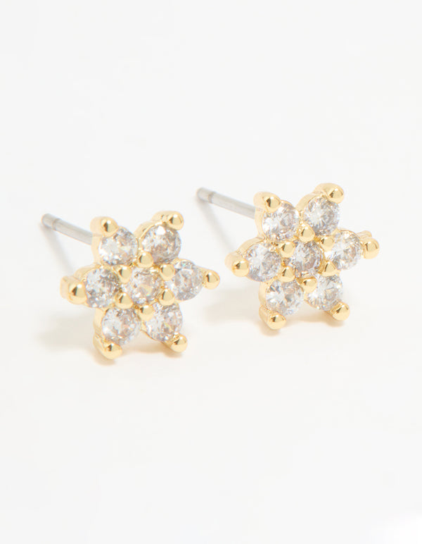 Gold Plated Cubic Zirconia Flower & Leaf Stud Earrings 2-Pack