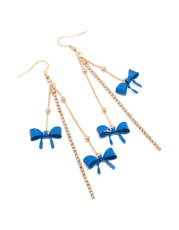 Gold Blue Bow Chain Drop Earrings