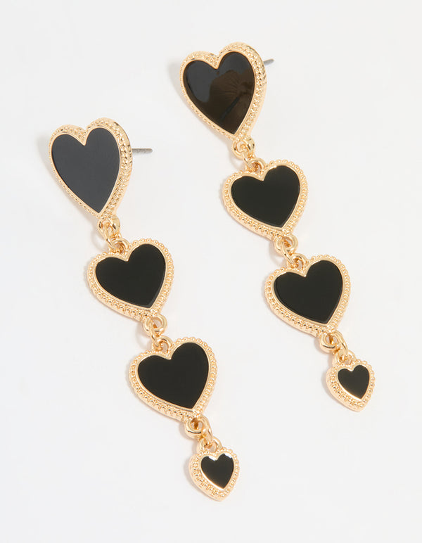 Gold Black Heart Tiered Drop Earrings