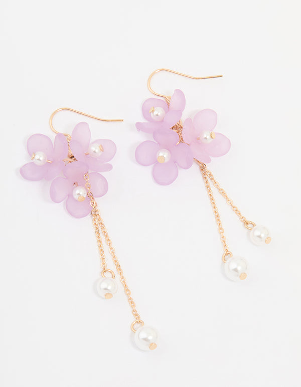 Gold Pearl & Pink Flower Chain Drop Earrings