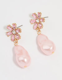 Gold Diamante & Pink Pearl Flower Drop Earrings - link has visual effect only