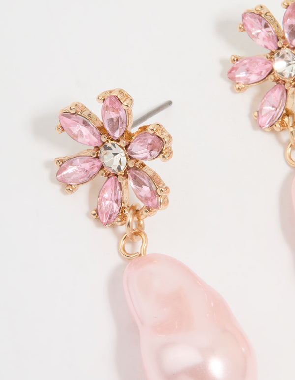 Gold Diamante & Pink Pearl Flower Drop Earrings