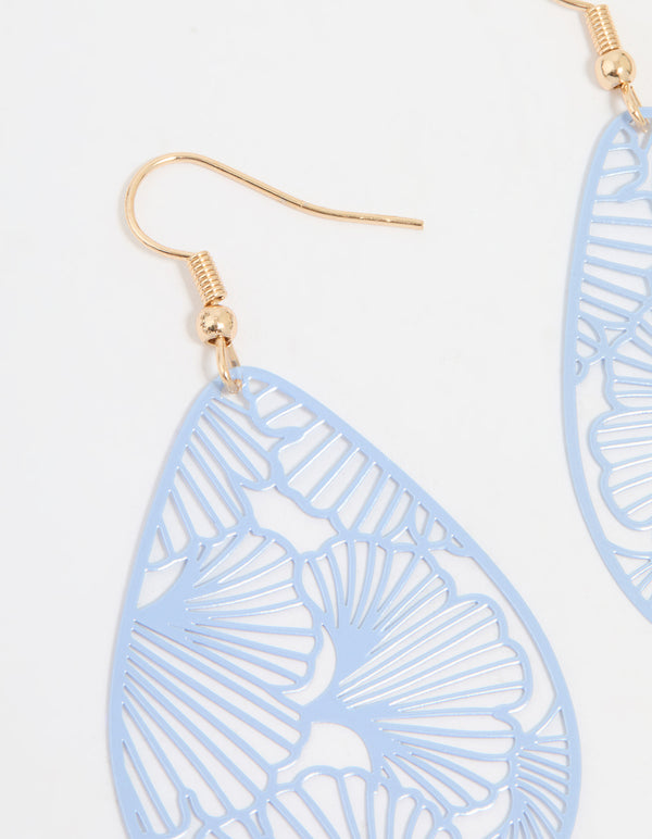 Gold Blue Filigree Pear Drop Earrings