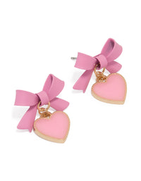 Gold Pink Coated Metal Bow Drop Heart Stud Earrings - link has visual effect only