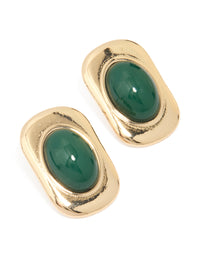Gold Green Stone Rectangle & Oval Stud Earrings - link has visual effect only