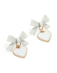 Gold White Coated Metal Bow Drop Heart Stud Earrings - link has visual effect only
