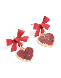 Gold Red Coated Metal Bow Drop Heart Stud Earrings - link has visual effect only