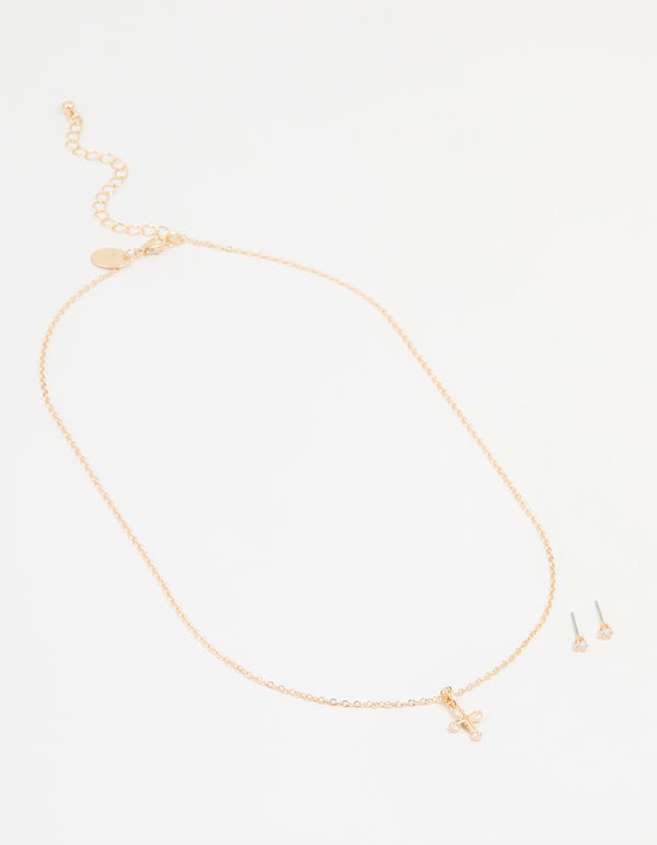 Gold Cubic Zirconia Cross Necklace & Earrings Set