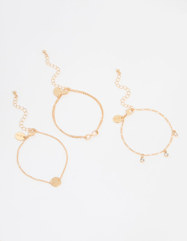 Gold Diamante Infinity Circle Bracelets 3-Pack