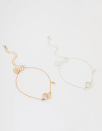 Mixed Metal Diamante Heart Link Bracelets 2-Pack - link has visual effect only